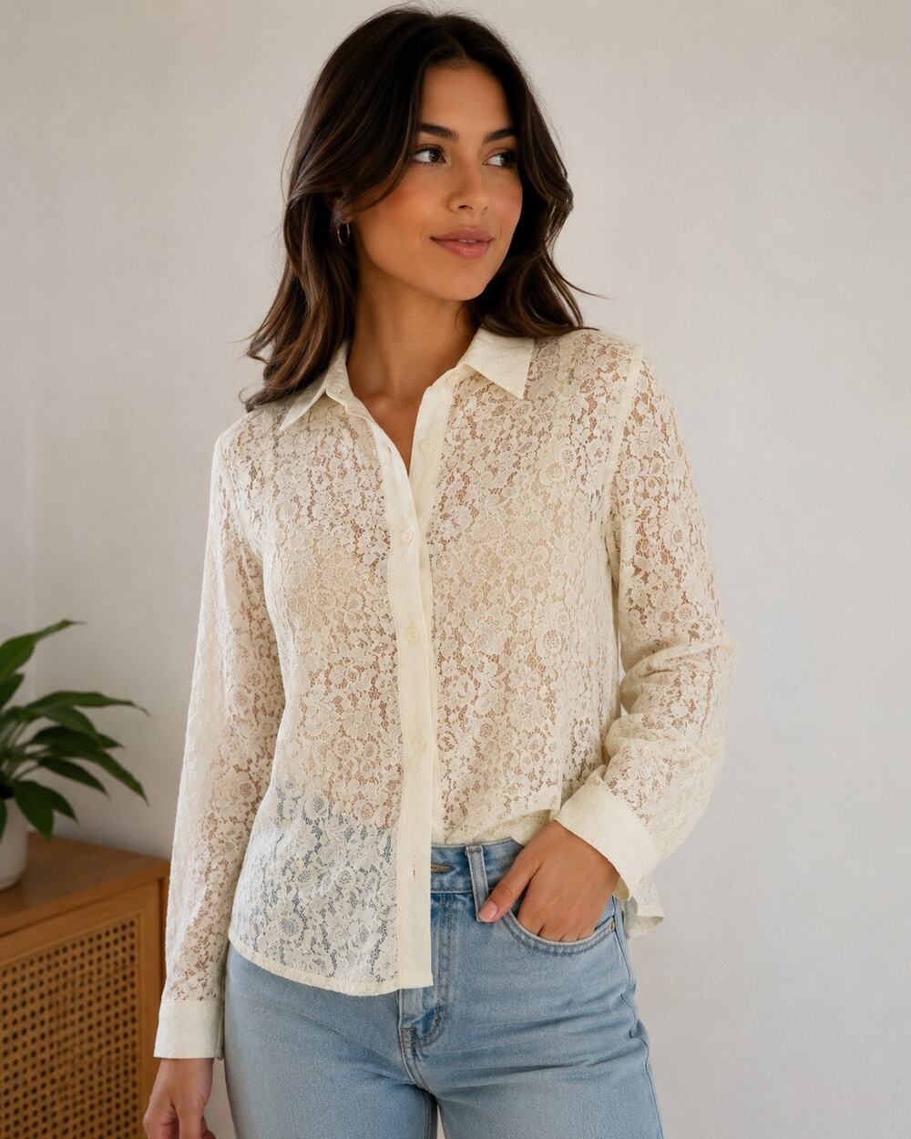 H&M Ivory Floral Lace Sheer Button-Up Blouse Size 12 Boho Romantic